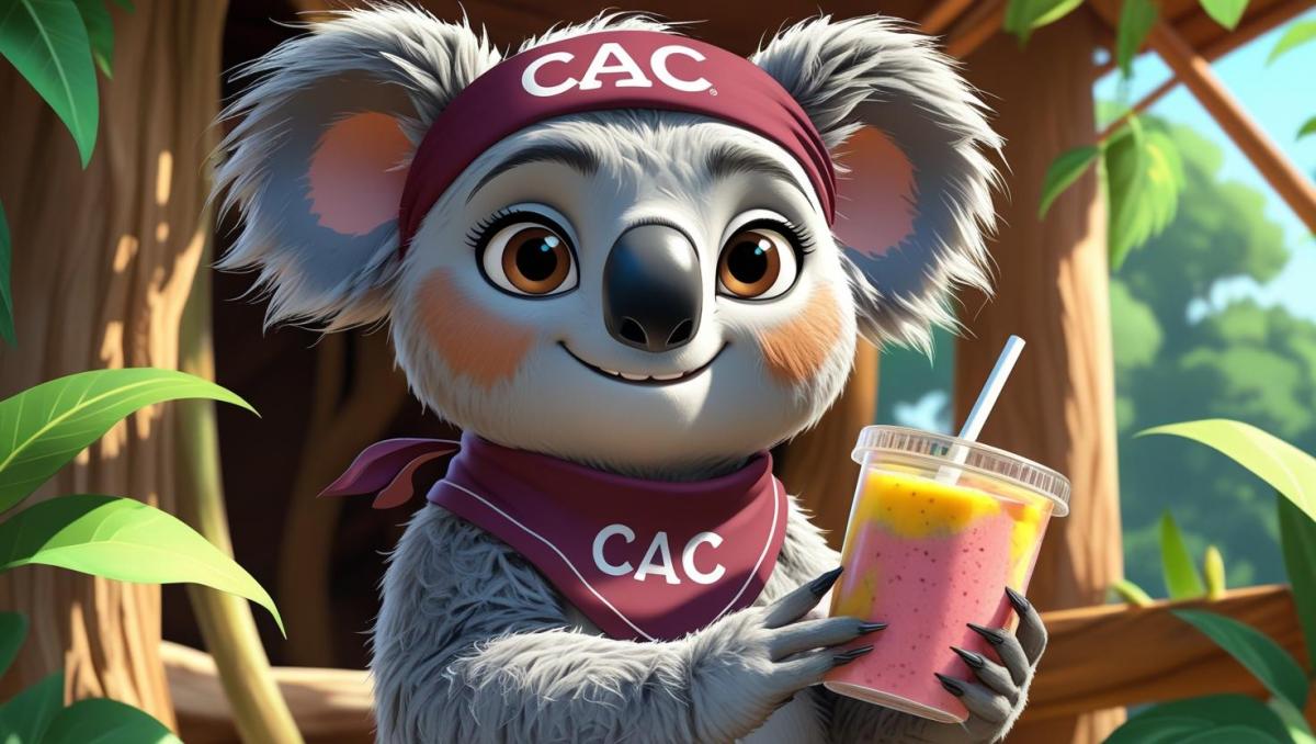 Courage Against Cancer's Coco the Koala holding a fruit smoothie with a smile on her face