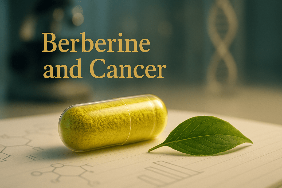 Berberine and Cancer primary image depicting a golden capsule of berberine next to a green leaf representing natural healing