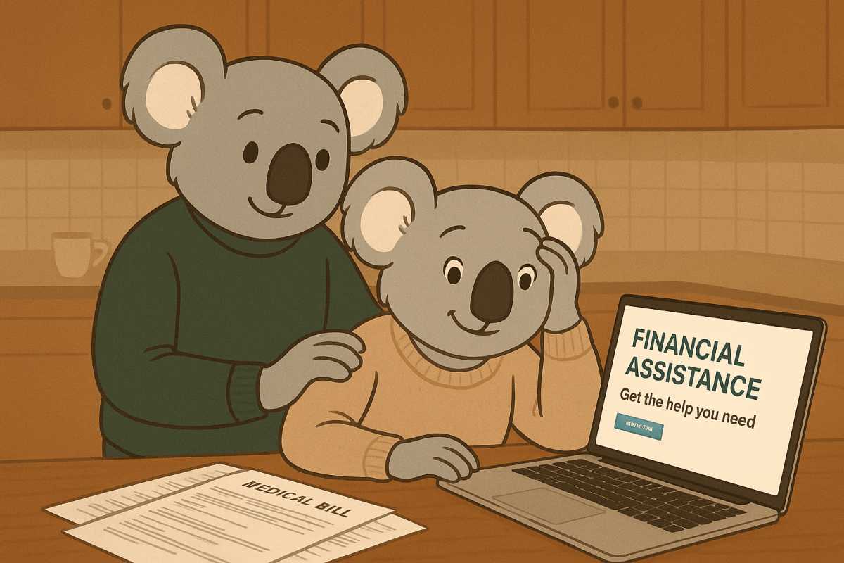 Coco and jake review financial assistance on the laptop