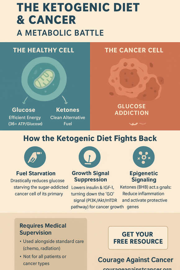Ketogenic Diet and Cancer infographic depicting difference between healthy cells and cancerous cells