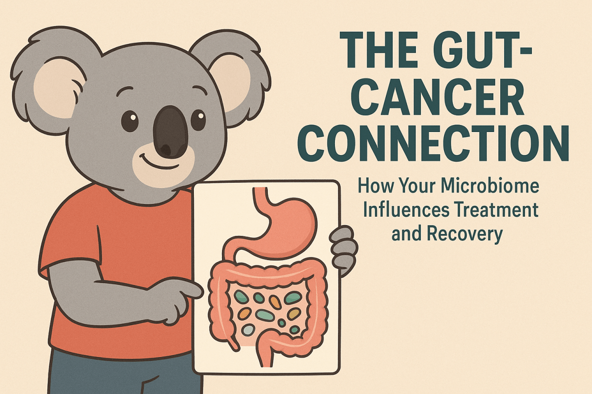 Jake the Koala holding an image of intestines pointing out the importance of healthy GI tract