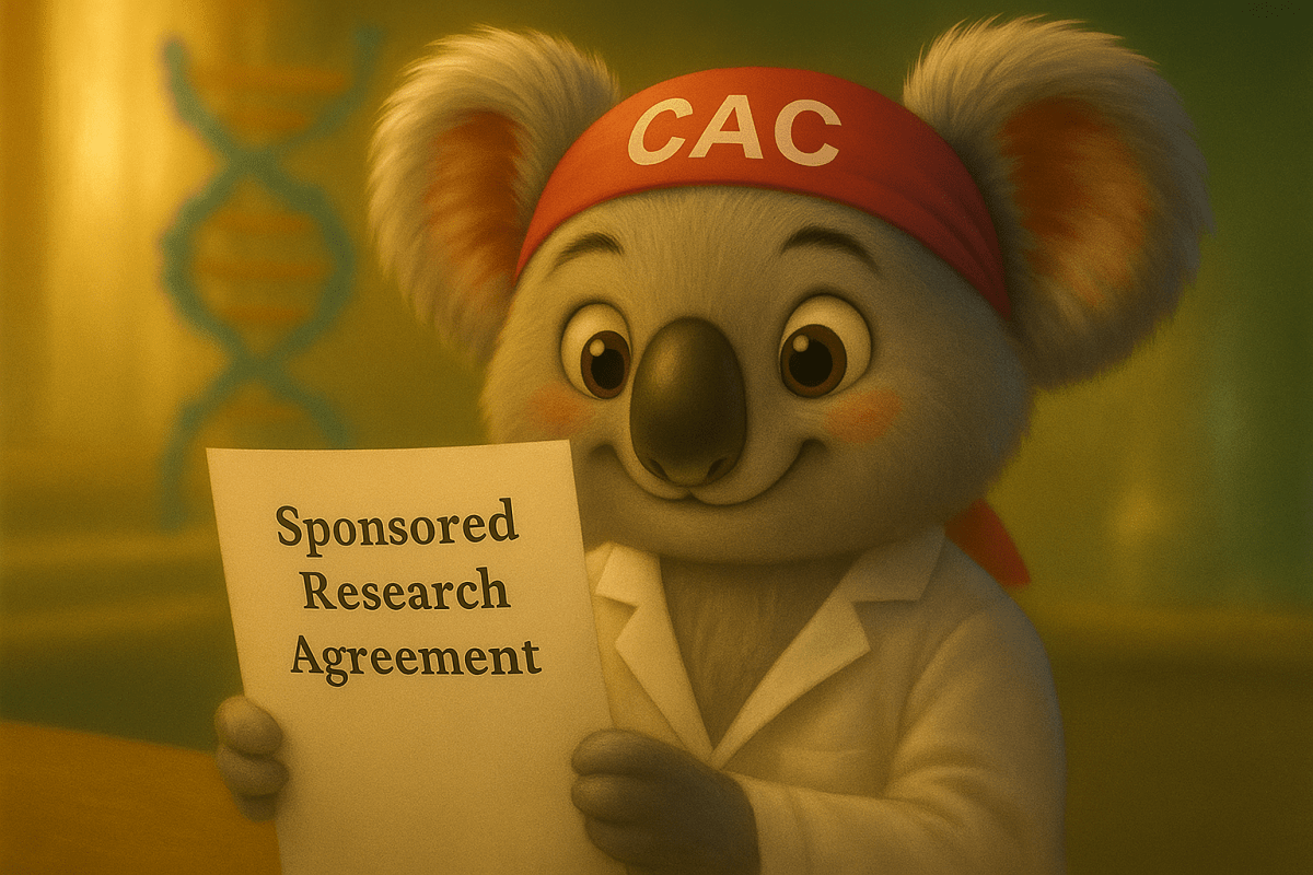 Coco the Koal is excited to be holding a Sponsored Research Agreement