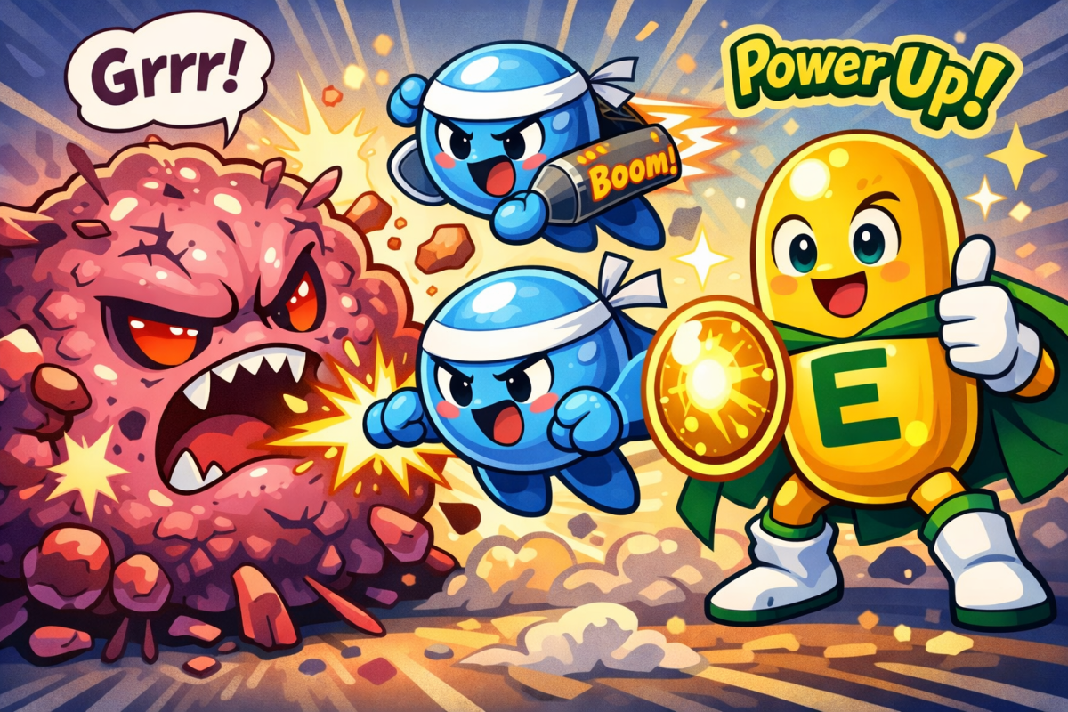 Cancer tumor getting attacked by 2 blue NK Cells and a yellow vitamin E Super Hero