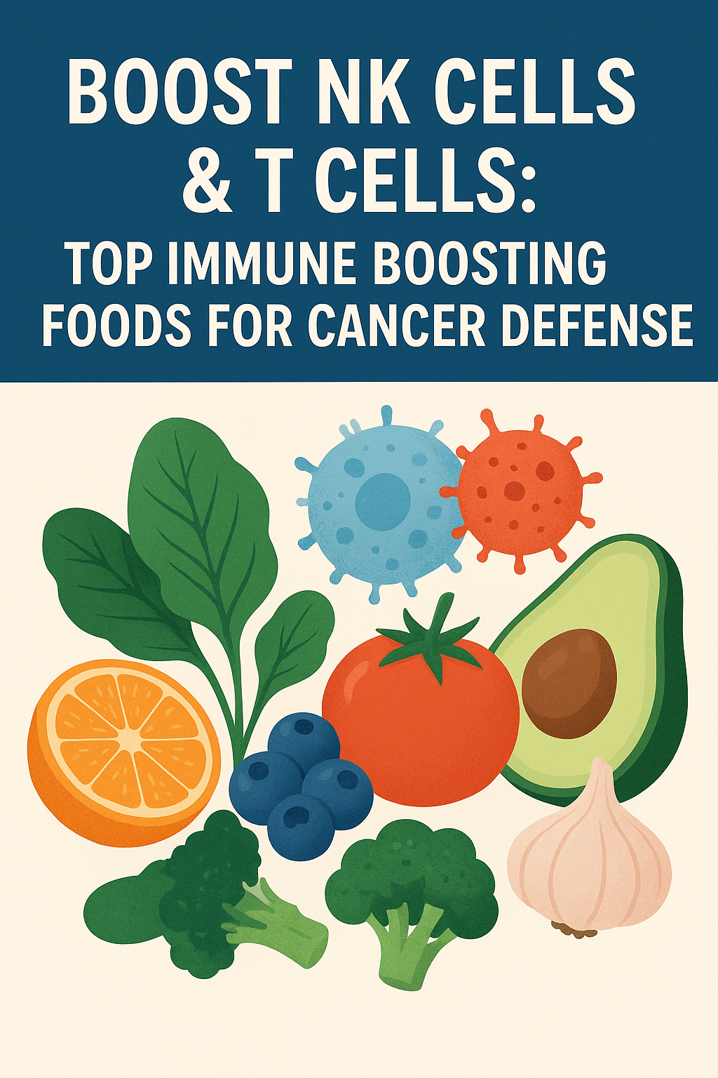 Images of spinach leaves, avocado, orange, blueberries along with a NK Cell and T Cell
