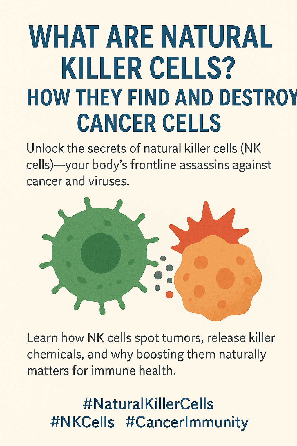 What are Natural Killer Cells, image of green NK cell passing particles to an orange cancer cell